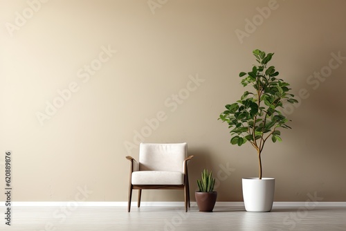 minimalist wall background with a potted plant.