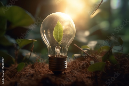 light bulb with green seed, Nurturing Growth: CGI Image of a Seedling Growing Inside a Bright Lightbulb, Illuminating a Bright Eco Background