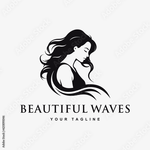 Beautiful woman logo with waves hair, black and white, vintage design template vector illustration