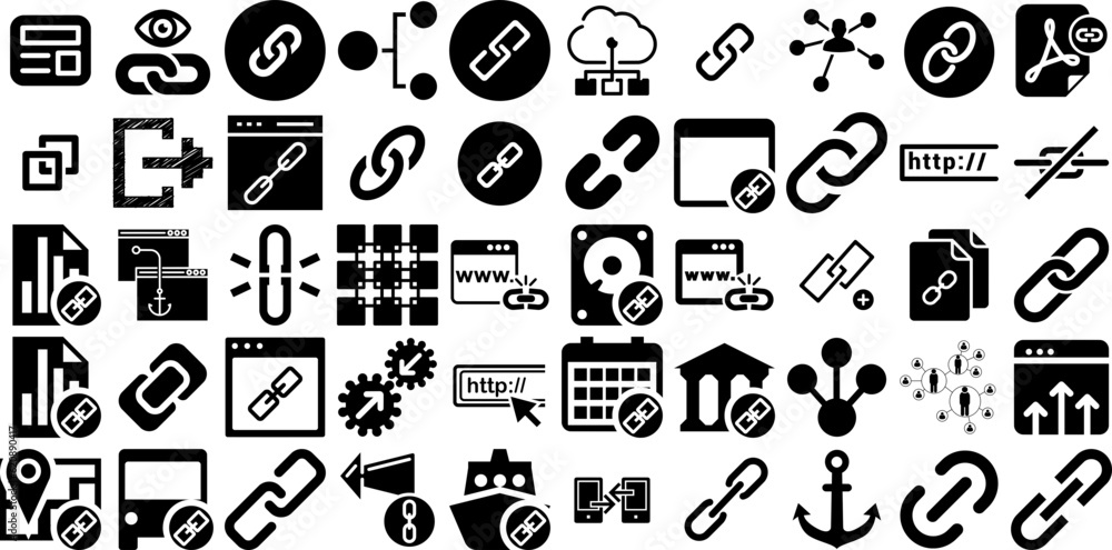 Massive Set Of Link Icons Pack Hand-Drawn Solid Design Clip Art Border, Open, Symbol, Icon Glyphs Isolated On Transparent Background