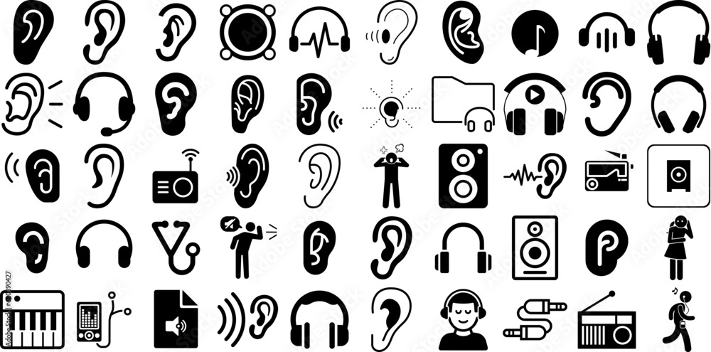 Huge Set Of Listen Icons Pack Linear Concept Symbols Music, Hot Line, Tool, Informed Symbol Vector Illustration - obrazy, fototapety, plakaty 