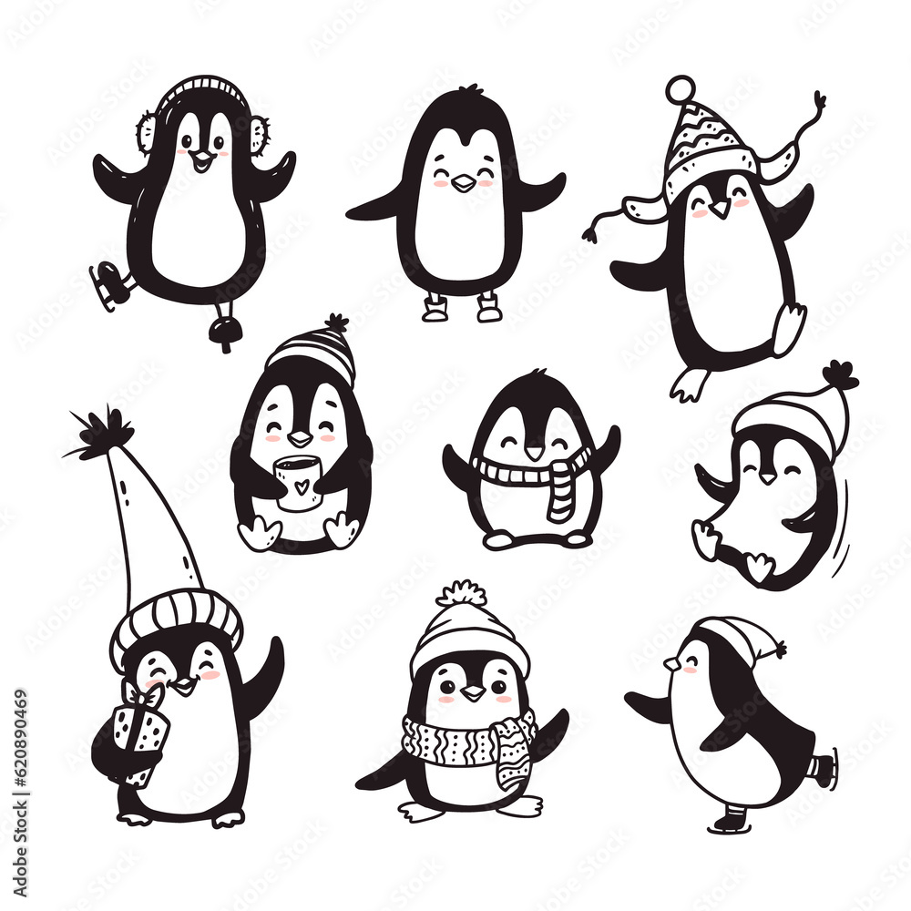 Obraz premium set of penguin isolated on white. Doodle illustration for kids or babies t-shirt design, room decoration, Christmas cards. 