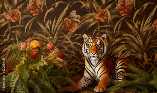  a tiger sitting in front of a wall with flowers on it. generative ai