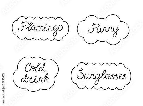 A set of four different inscriptions in frames. Doodle black and white vector illustration.