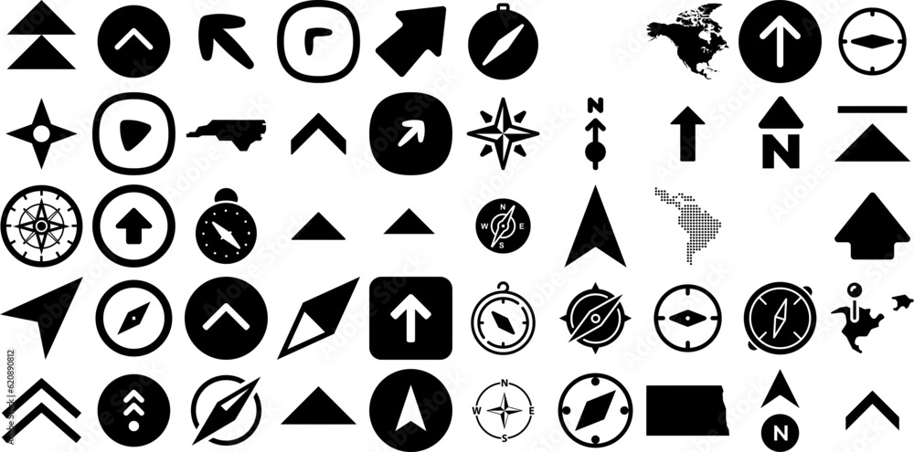 Big Collection Of North Icons Set Hand-Drawn Solid Cartoon Symbol Element, East, Cartography, Design Graphic For Computer And Mobile - obrazy, fototapety, plakaty 