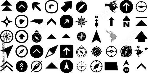Big Collection Of North Icons Set Hand-Drawn Solid Cartoon Symbol Element, East, Cartography, Design Graphic For Computer And Mobile photo