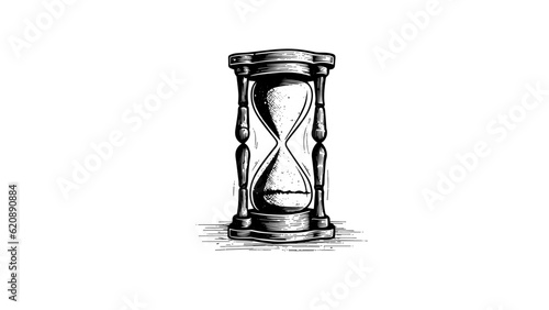 Sand watch glass engraving vector illustration. Hourglass hand drawing vintage style. Antique timer. Ink sketch isolated on white background.