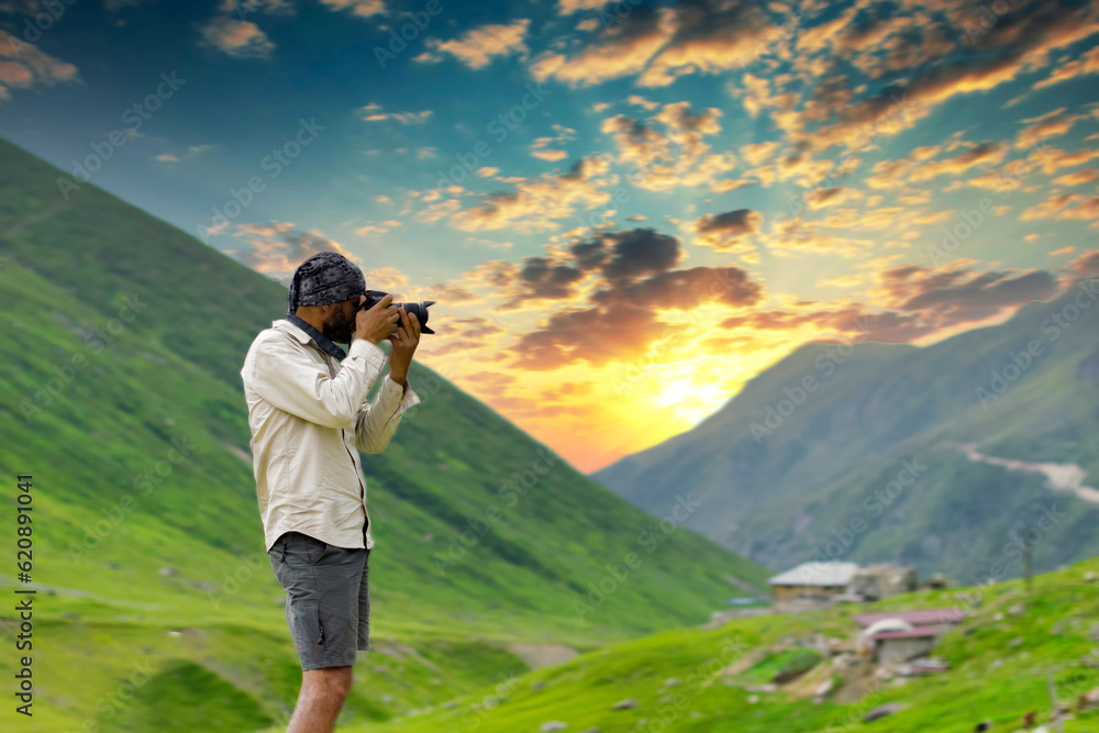 Çamlıhemşin district of Rize province. Person taking pictures on the plateau. 