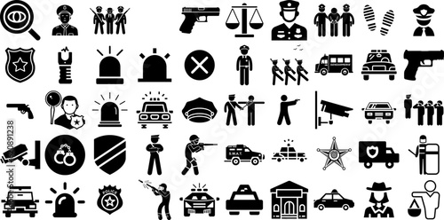 Big Collection Of Police Icons Bundle Solid Infographic Elements Icon, Station, Ambulance, Symbol Silhouettes Isolated On Transparent Background
