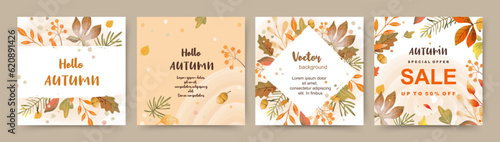 Autumn season backgrounds with colorful watercolor leaves and berries. Fall square templates for greeting card and invitation. Thanksgiving and harvest sale on social media. Vector illustration