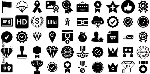 Mega Collection Of Quality Icons Collection Hand-Drawn Linear Drawing Elements Premium, Ribbon, Icon, Certified Pictogram Vector Illustration