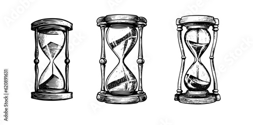 Sand watch glass set engraving vector illustration pack. Hourglass hand drawing vintage style. Antique timer. Ink sketch isolated on white background.
