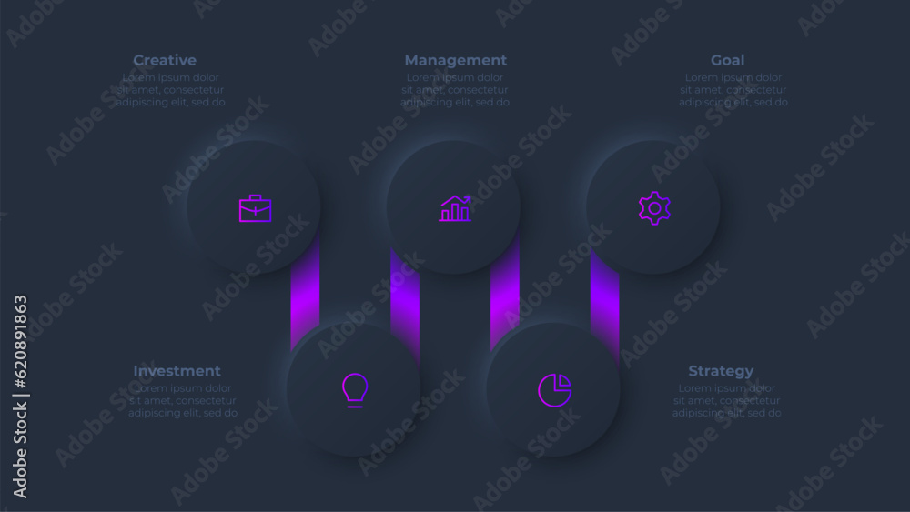 Five circles neumorphism infographic illustration with 4 steps on the ...