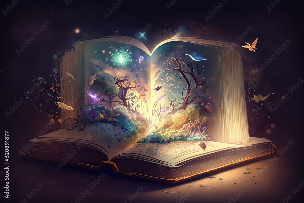 Illustration of a magical book that contains fantastic stories. Open book, fantasy comes out of it  Great for children, kids books illustration, educational concepts.  - obrazy, fototapety, plakaty 
