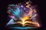 Illustration of a magical book that contains fantastic stories. Open book, fantasy comes out of it Trees, underworld. Great for children, kids books illustration, educational concepts. Generative AI