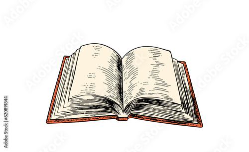 Open book sketch engraving vector illustration. Scratch board style imitation.