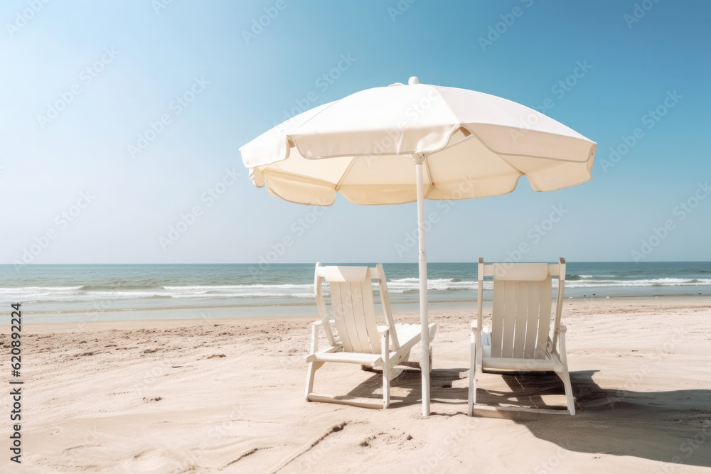 A stunning view of the horizon awaits you with two beach chairs and umbrellas on the tropical beach, the perfect spot for a vacation. AI Generative