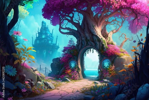 Magic forest woods with mystic swamp cartoon  landscape. Fantasy enchanted woodland with path to lake with firefly. Mysterious purple fairy panoramic  environment scene with nobody. Pink tones.