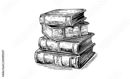 Sketch engraving stack of books. Hand drawn vector illustration. Black and white composition.