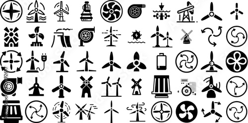 Huge Collection Of Turbine Icons Bundle Isolated Infographic Signs Electricity, Wind Turbine, Engine, Wind Illustration For Apps And Websites