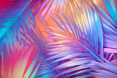 Tropical palm leaves in vibrant neon gradient, holographic colors. minimal ar...