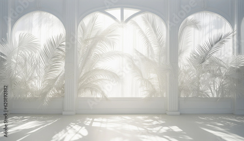 Tropical palm leaves in interior with light pastel gradient colors. minimal a...