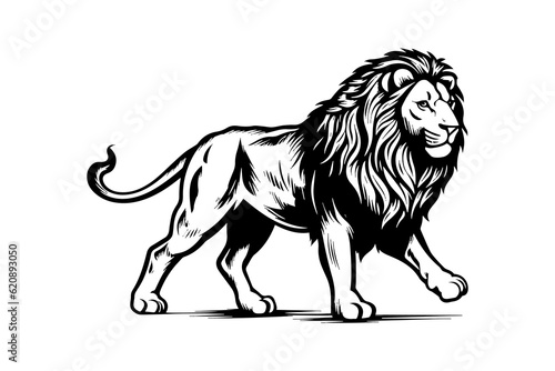  Lion Hand drawn illustration for tattoo , logotype, emblem design. Engraving of wild cat. Vintage sketch style image.