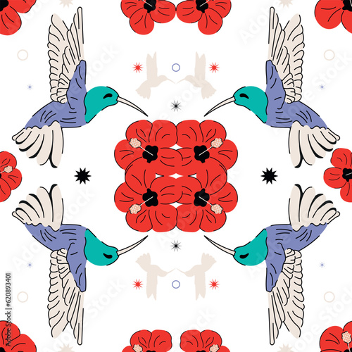 Vector seamless pattern with hummingbird and magnolia flowers. Hummingbirds drink from a flower. Hand drawn pattern