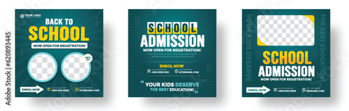 School admission or back to school social media post promotion banner design template set with standard color. School admission social media post banner design bundle.