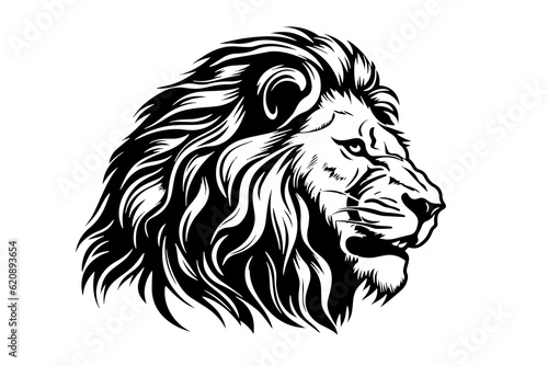 The lion head hand draw vintage engraving  black and white vector illustration on a white background. © Artem