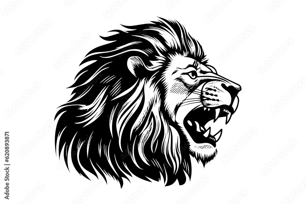 Fototapeta premium Lion growl head portrait sketch hand drawn engraving style vector illustration