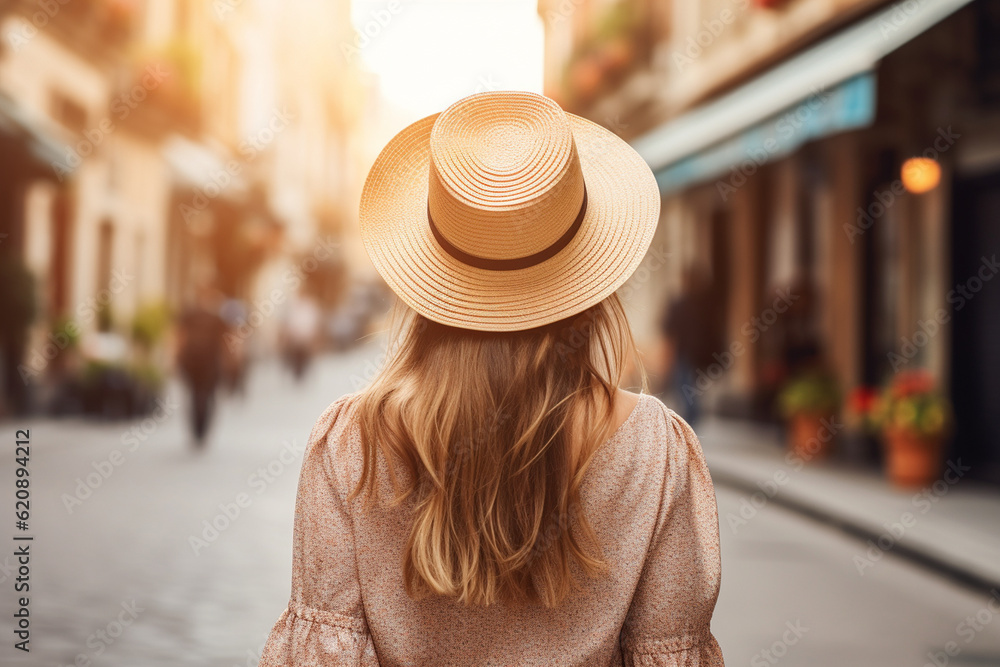 A close-up of a young stylish woman's back, standing on a vibrant city street, her straw hat adding a touch of sophistication to her urban style Generative AI