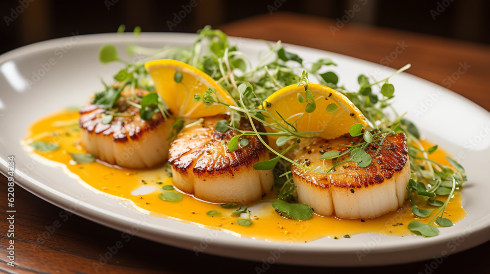 A plate of perfectly seared scallops, served with a citrus beurre blanc sauce and garnished with microgreens A plate of perfectly seared scallops, served with a citrus beurre blanc sauce and garnished with microgreens