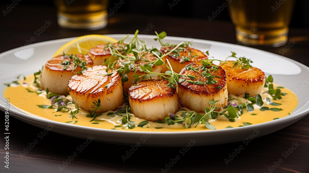 A plate of perfectly seared scallops, served with a citrus beurre blanc sauce and garnished with microgreens