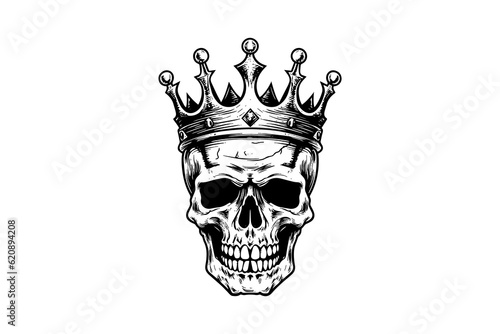 Human skull in a crown in woodcut style. Vector engraving sketch illustration for tattoo and print design.