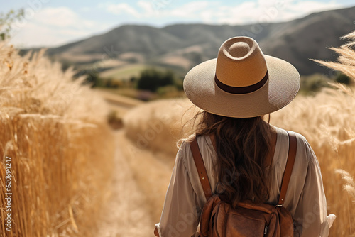 The back view of a young stylish woman hiking along a scenic trail, her straw hat shielding her from the sun as she embraces the beauty of nature Generative AI © Denis Yevtekhov