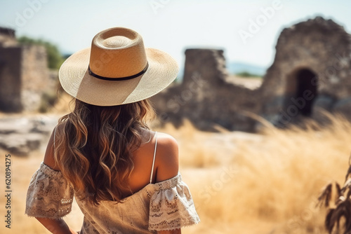 A glimpse of a young stylish woman's back as she explores an ancient ruins site, her straw hat complementing the adventurous spirit of her journey Generative AI