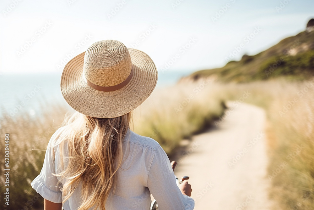 A close-up of a young stylish woman's back, as she rides a bicycle along a scenic coastal path, her straw hat protecting her from the sun Generative AI