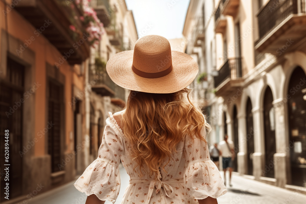 The back view of a young stylish woman exploring a bustling city, her long blond hair cascading down and complementing her fashionable straw hat Generative AI