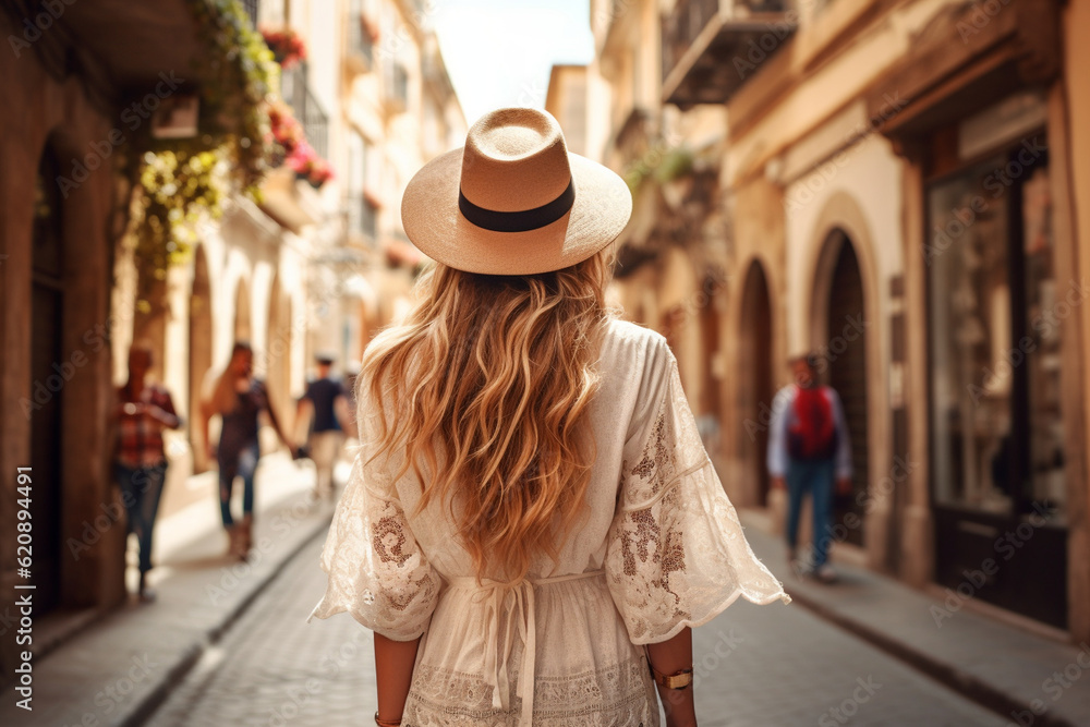 The back view of a young stylish woman exploring a bustling city, her long blond hair cascading down and complementing her fashionable straw hat Generative AI