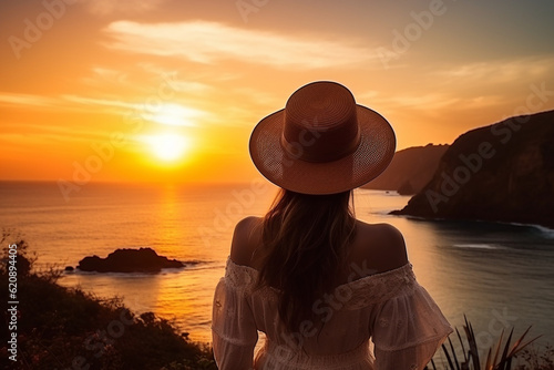 A silhouette of a young stylish woman wearing a straw hat  standing on a cliff and admiring a breathtaking sunset Generative AI