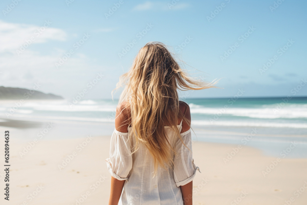 The back view of a young stylish woman walking along a pristine sandy beach, her long blond hair flowing in the breeze Generative AI The back view of a young stylish woman walking along a pristine sandy beach, her long blond hair flowing in the breeze Generative AI