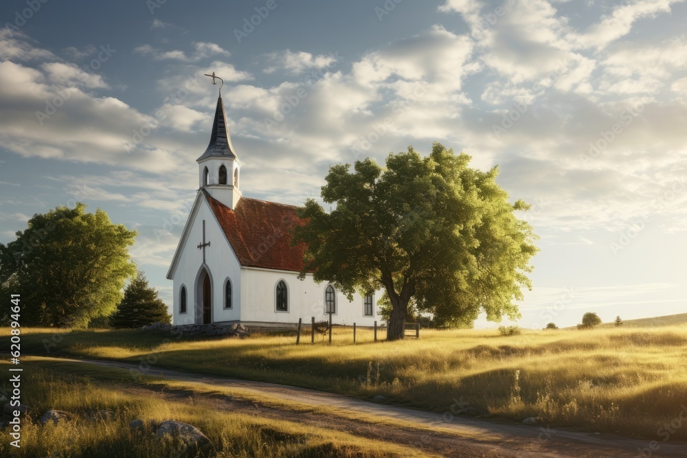 Church in the meadow at sunset. Rural landscape with old church