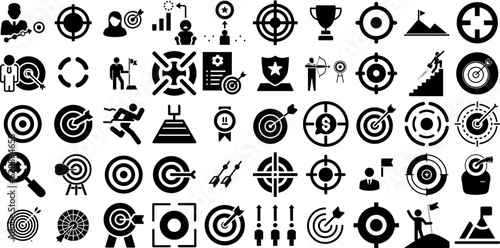 Massive Set Of Goal Icons Bundle Hand-Drawn Isolated Cartoon Web Icon Icon, Team, Process, Thin Silhouettes Isolated On White Background