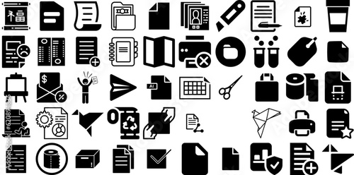 Mega Collection Of Paper Icons Collection Hand-Drawn Linear Infographic Pictogram Set, Page, Finance, Printing Doodles Isolated On White photo