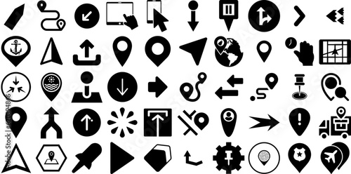 Huge Set Of Pointer Icons Set Black Design Glyphs Three-Dimensional, Icon, Distance, Interface Doodles Isolated On White Background