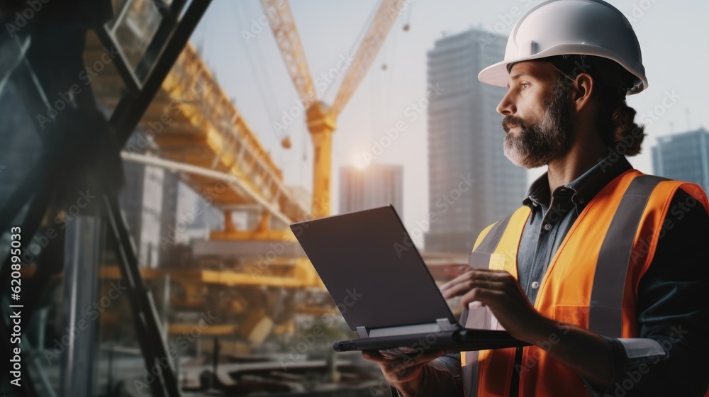Civil engineer holding laptop inspect and oversee infrastructure progress and security of building construction project. Civil engineer holding laptop inspect and oversee infrastructure progress and security of building construction project.
