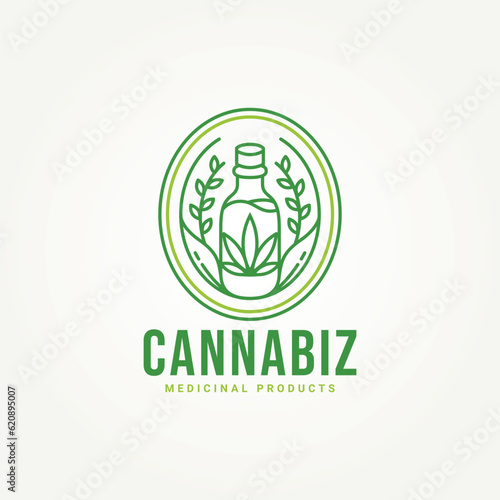 minimalist medical cannabis leaf in glass bottle line art badge icon logo template vector illustration design. simple modern cannabis or hemp oil extracts in jars emblem logo concept
