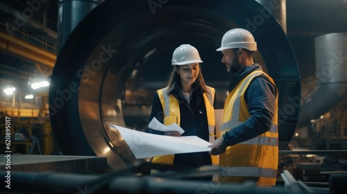 Male and female industrial engineers in hard hats discussing talking about new project at workplace, They Work in a Heavy Industry Manufacturing Factory.