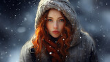 Lockige Rothaarige hübsche junge Frau Gesicht mit Schal und Mütze im Wald mit Schnee verträumt  Nahaufnahme, ai generativ